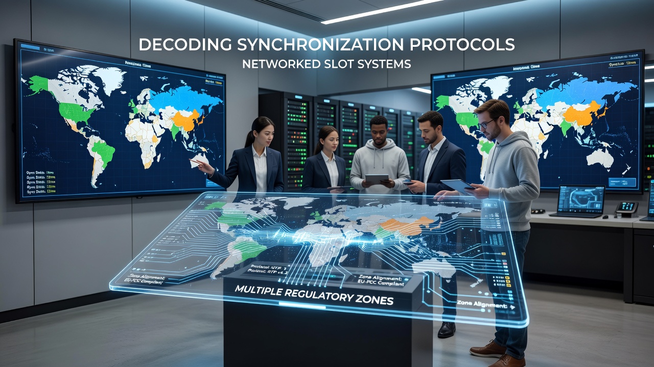 Diagram illustrating synchronization protocols across networked slot machines in different regulatory zones