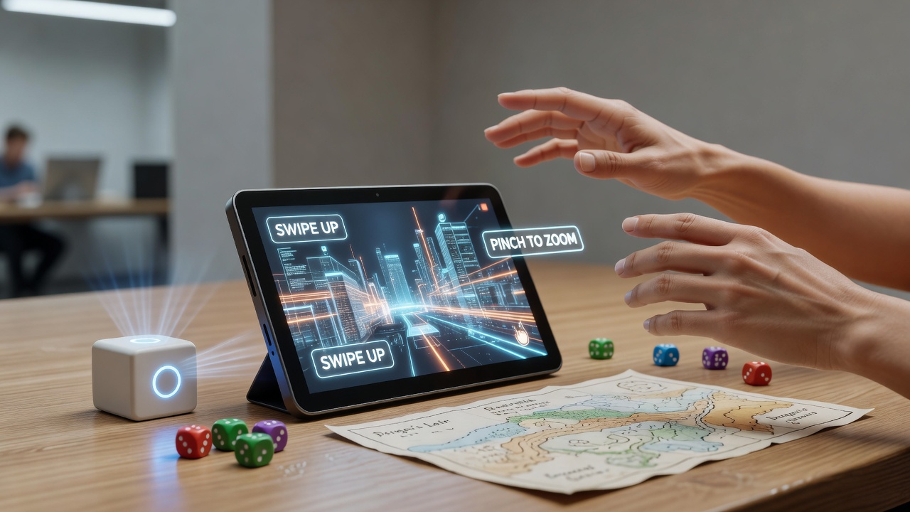 Portable tablet displaying gesture-based controls for a digital tabletop strategy game