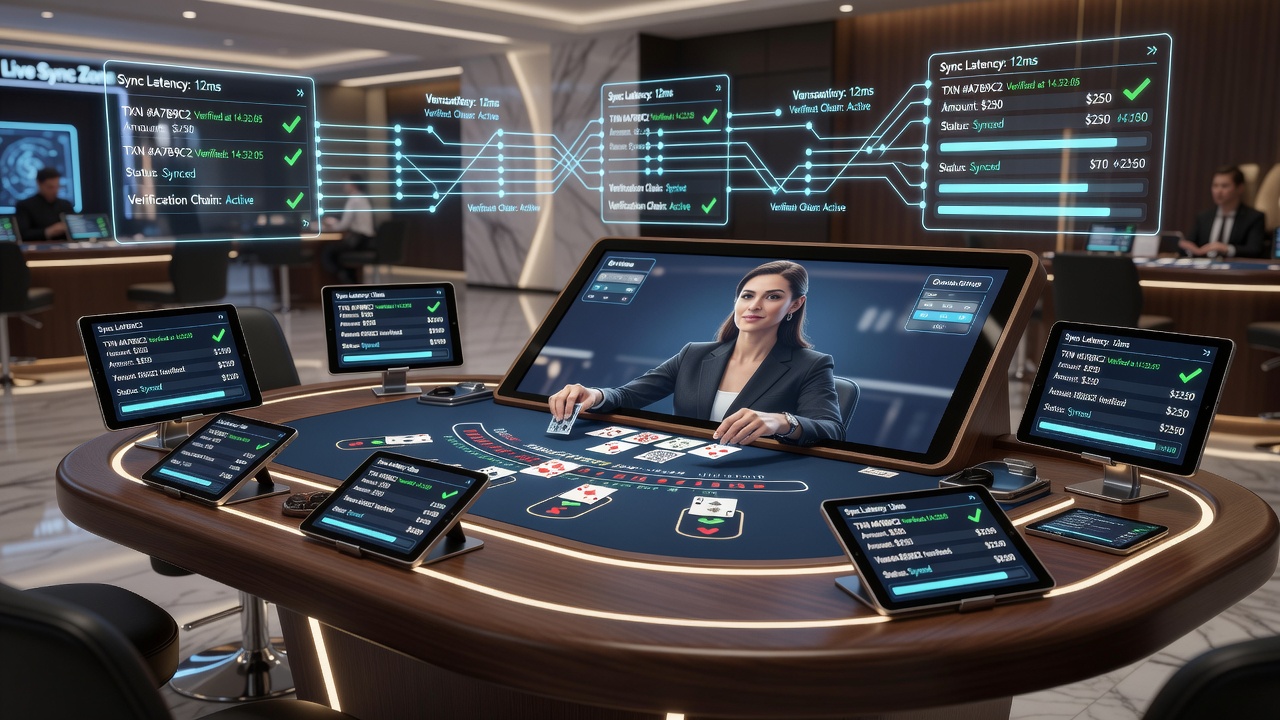 Virtual dealer interface displaying synchronized live table action with transaction verification indicators on multiple screens