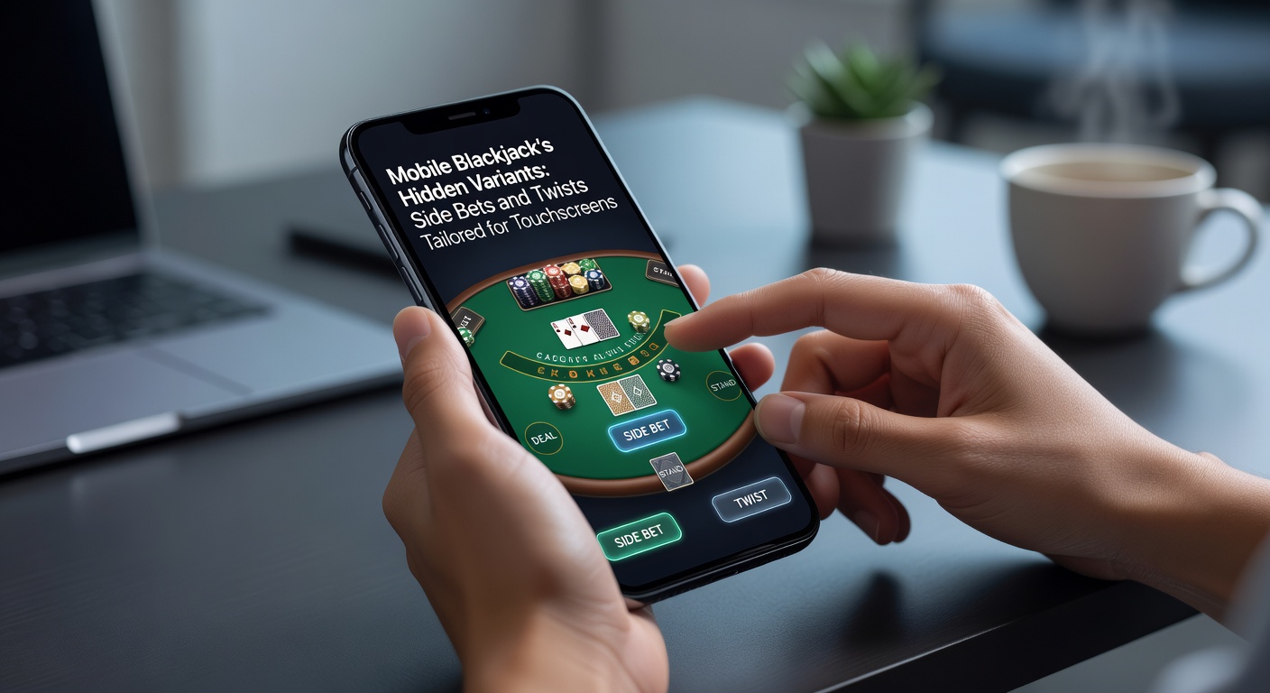 Close-up of fingers interacting with a mobile blackjack app, swiping to double down amid glowing side bet animations