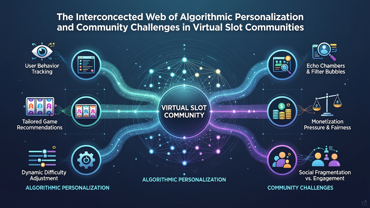 Network diagram illustrating connections between personalized slot algorithms and virtual community interactions